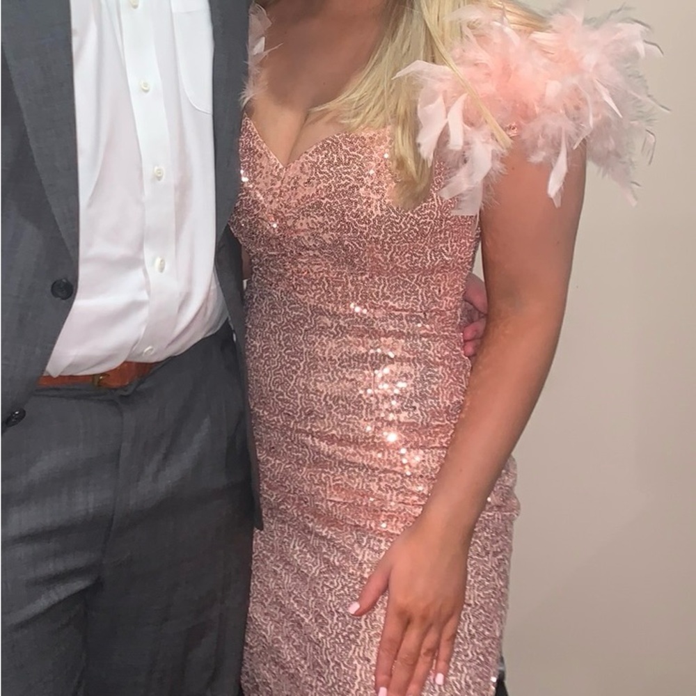 Boutique pink sequin and feather floor length dress